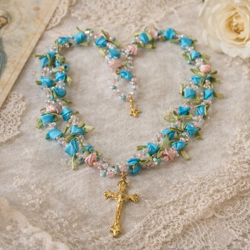 Vintage Italian Rosary Ribbon Flower Beads Crystal Gold Cross Italy